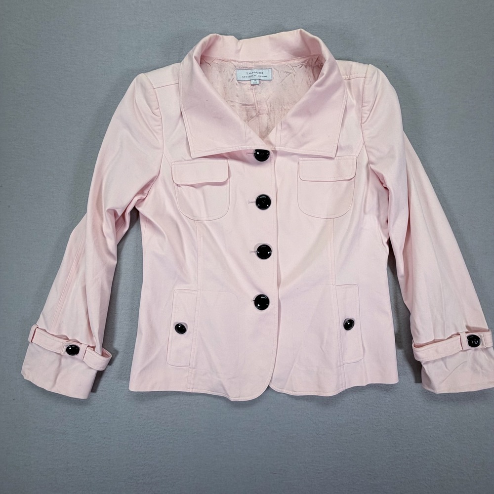 Tahari Blazer Women‎ 14 Pink Cotton Blend Contrast Button Jacket